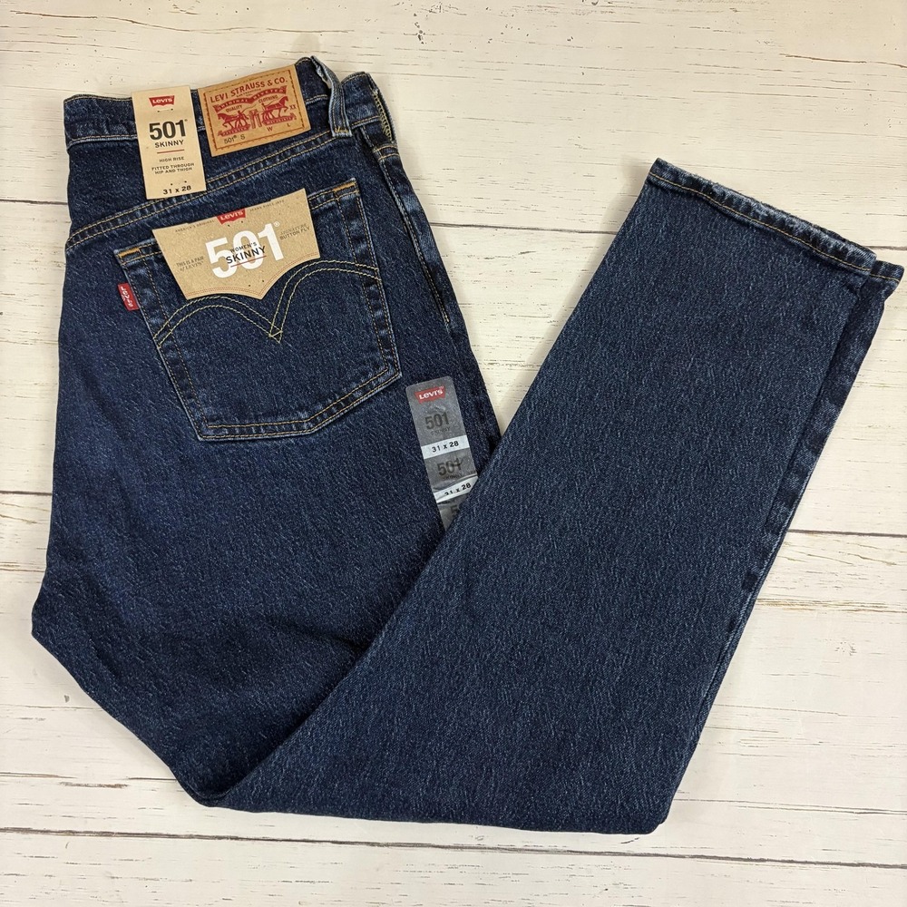 Levi's 501 Skinny Jeans Womens 31x28 Dark Blue High Rise Distressed Button Fly
